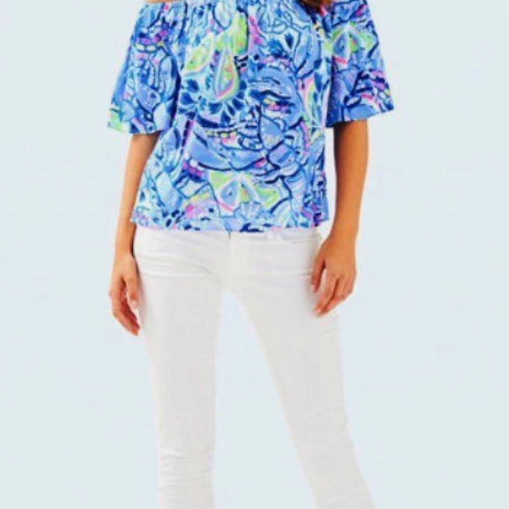 Lilly Pulitzer Blue Berri Pinch Off Shoulder Top Size S Ruffle Sleeve Blouse - Picture 3 of 7